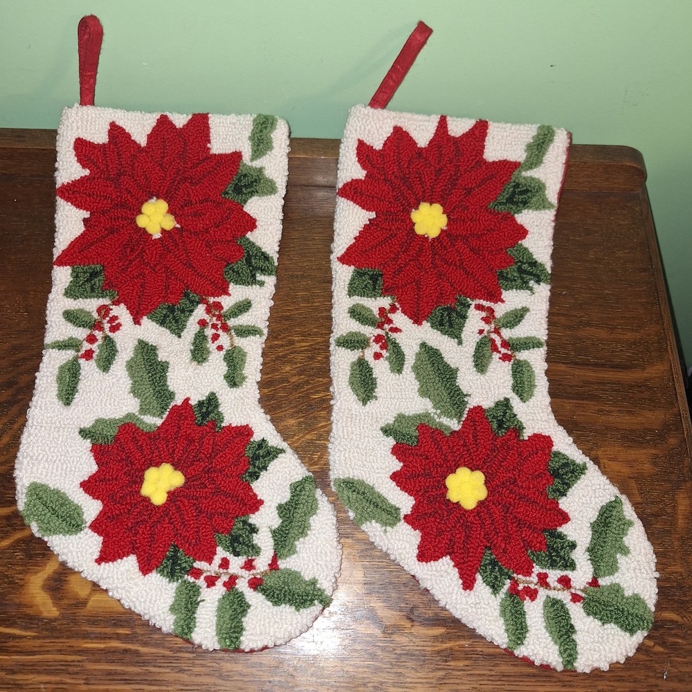 Hook Knit Felt Holly Pom Poinsettia Christmas Stockings Set 2 Botanical Noel